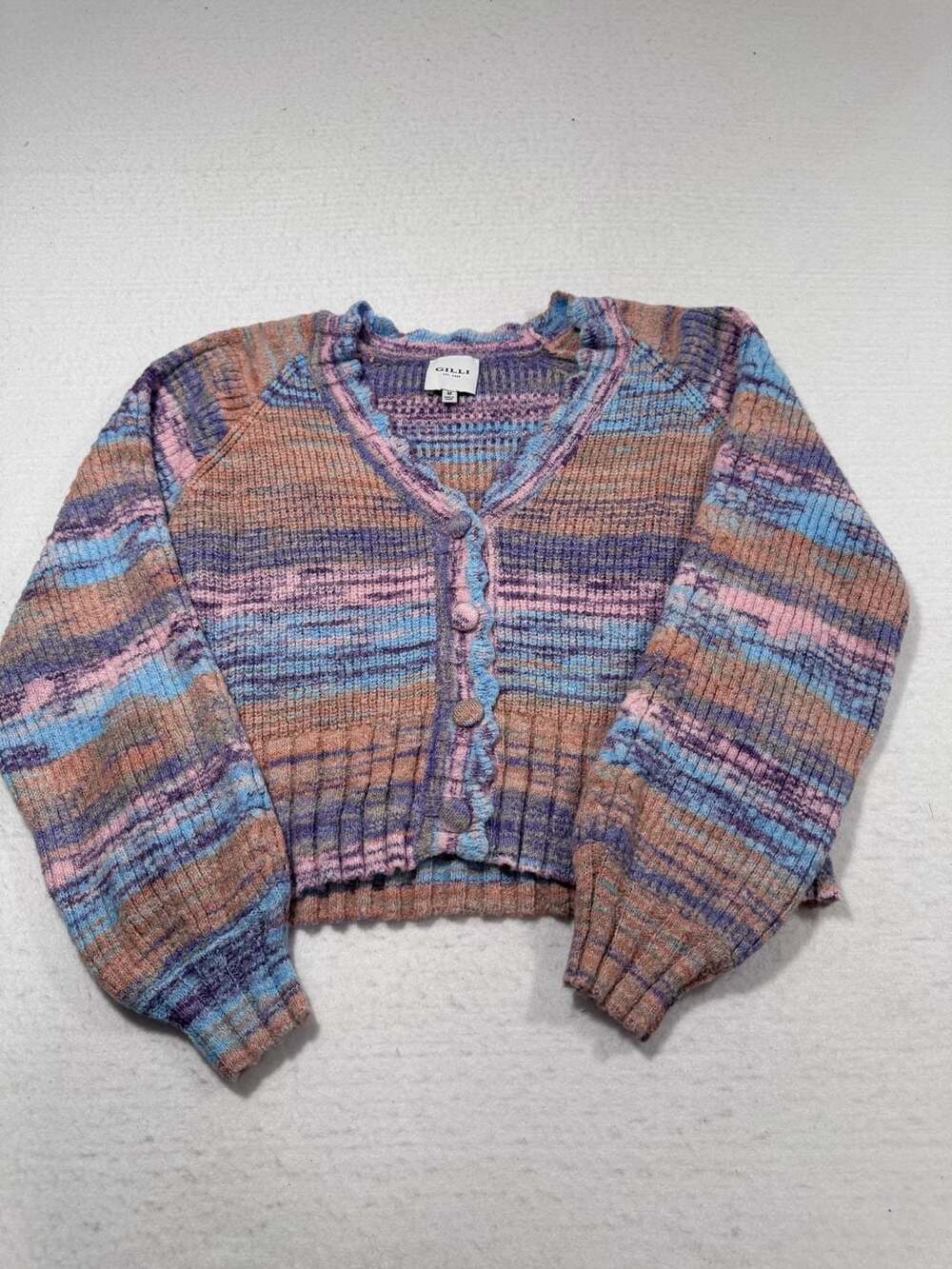 GILLI Space-Dyed Scallop Edge Cropped Cardigan Sweater Size M